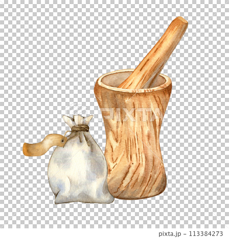 Watercolor illustration of wooden mortar with pestle for medicinal herbs isolated on white . Herb sachet with label. Wooden utensil hand drawing. Element for label herbal plants, herbalism, spice 113384273