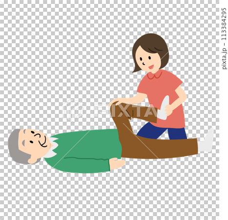 A man stretching his legs and a visiting nurse assisting him A man stretching his legs and a visiting nurse assisting him 113384295