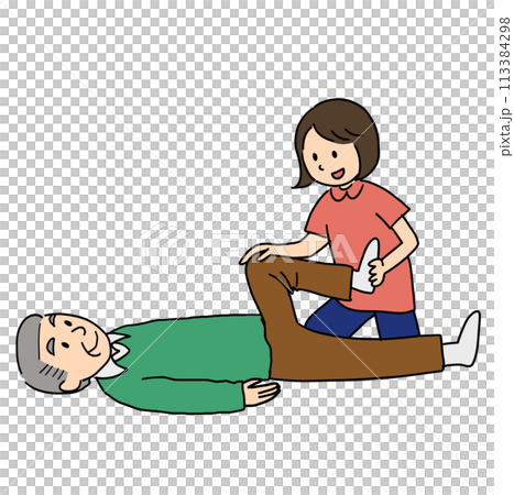 足のストレッチをする男性と介助する訪問看護師 足のストレッチをする男性と介助する訪問看護師 113384298