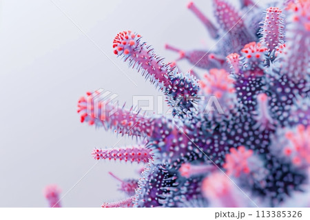 A close-up view of Disease X pathogen under a high-resolution microscope, unique structure with a halo of spike proteins, set against a stark, clinical white background 113385326