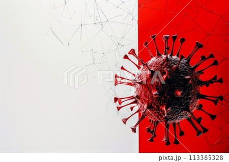 A silhouette of the Disease X virus, contrasting red and white background, emphasizing its complexity and danger 113385328