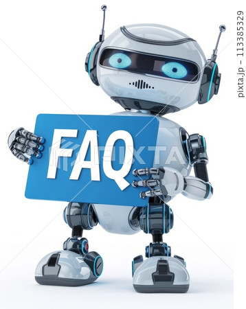 a cute small chat robot holding a blue sign that reads "FAQ" set against a white isolated background 113385329