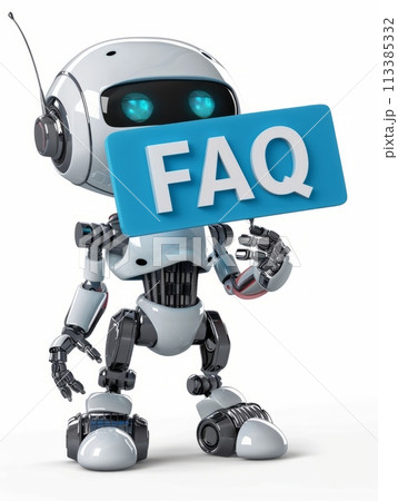 a cute small chat robot holding a blue sign that reads "FAQ" set against a white isolated background 113385332