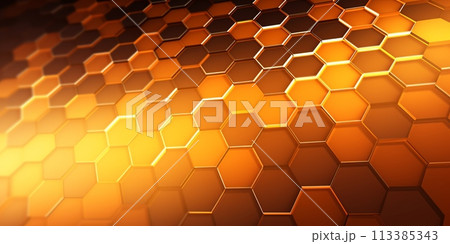 Abstract orange background with hexagons and glowing lights Abstract orange background with hexagons and glowing lights 113385343