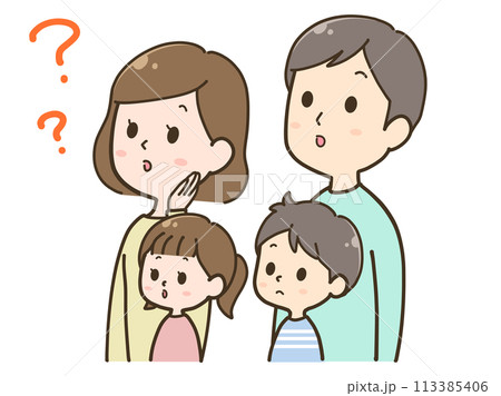 左上を見上げながら疑問に思う家族4人イラスト 113385406