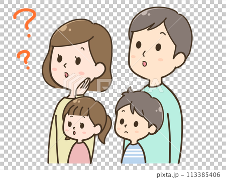 左上を見上げながら疑問に思う家族4人イラスト 113385406