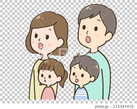 左上を見上げながら驚く家族4人イラスト 113385410