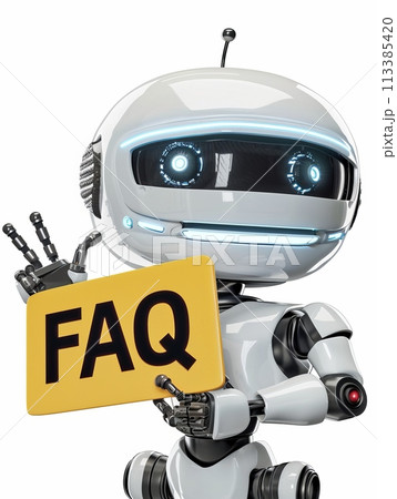 a small friendly chat robot holding a yellow sign that reads "FAQ" set against a white isolated background 113385420