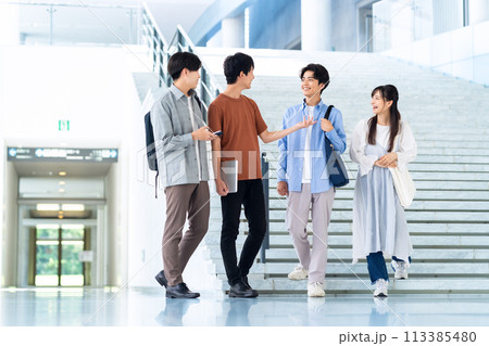 キャンパスライフを楽しむ大学生の男性 113385480