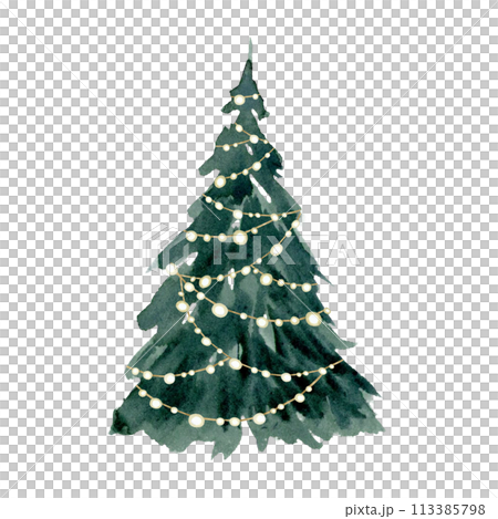 Christmas tree garland with lights garland watercolor sketch illustration isolated on white background in simple style for Happy New Year greeting cards and designs 113385798