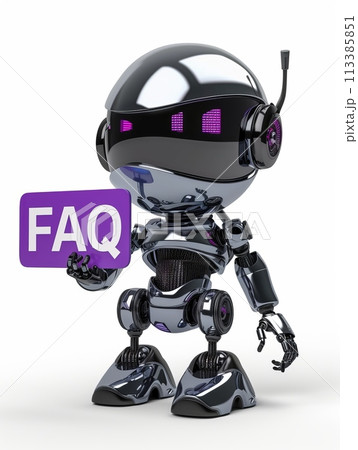 A friendly android or chat robot holding violet 'FAQ' board, offering customer help and information services. 113385851
