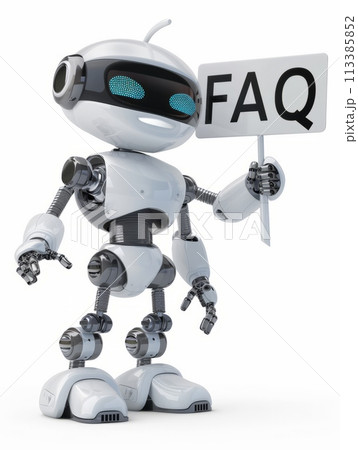 A friendly android or chat robot holding white 'FAQ' board, offering customer help and information services. 113385852