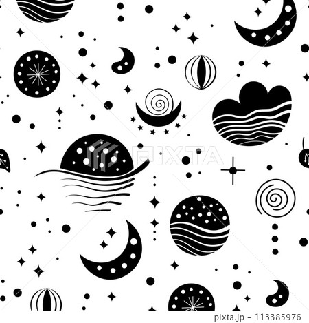 Seamless neo folk patterns with moon, cloud, sun and stars, black and white celestial design. Set Neo folk style endless backgrounds perfect for textile design. 113385976