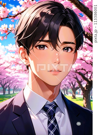 桜と高校生 男子学生 113386001