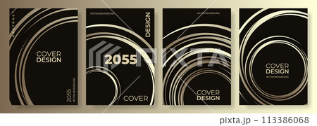 Black and gold abstract modern vertical background vector set with golden circles and circular lines.  113386068