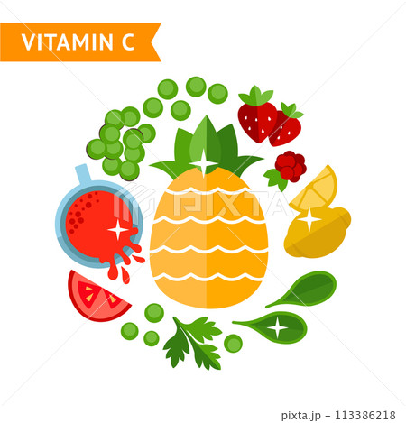Set of food that contains vitamin C, used for info graphics, design templates, vector flat illustration 113386218