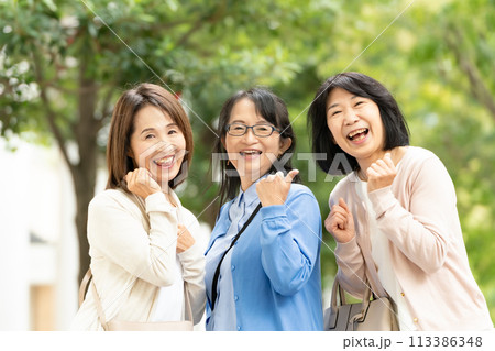 仲良しシニア女性　お出かけ 113386348