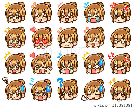 茶髪お団子ヘア女子のちびキャラ顔アイコンイラスト素材セット 113386381