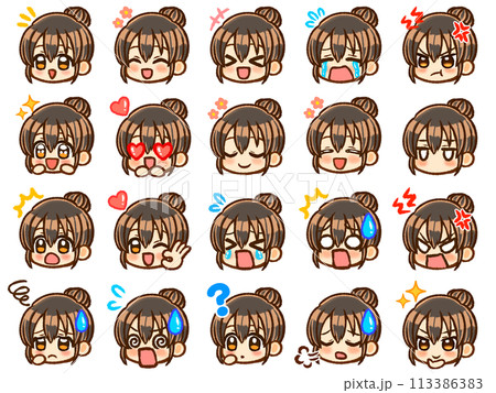 黒髪お団子ヘア女子のちびキャラ顔アイコンイラスト素材セット 113386383