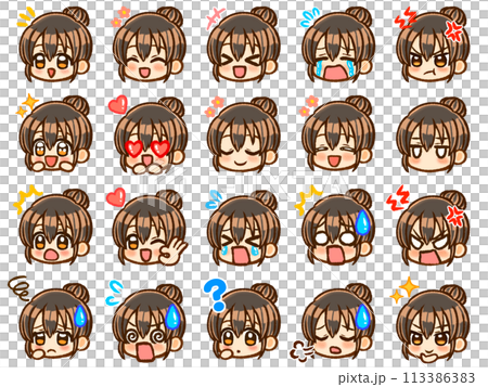 黒髪お団子ヘア女子のちびキャラ顔アイコンイラスト素材セット 113386383