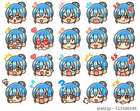 水色お団子ヘア女子のちびキャラ顔アイコンイラスト素材セットの