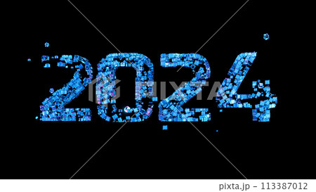 Glowing blue cubes come together to form the year 2024 3d render Glowing blue cubes come together to form the year 2024 3d render 113387012