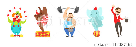 Circus Artist Character with Clown, Bear, Strongman, Elephant and Magician Vector Set 113387169