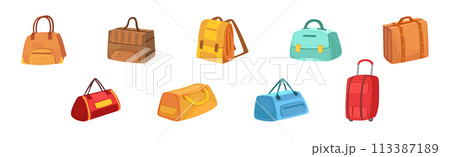 Travel Bag and Luggage for Packing Stuff Vector Set Travel Bag and Luggage for Packing Stuff Vector Set 113387189