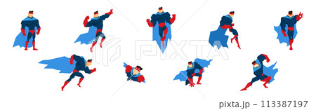 Muscular Man Superhero Character in Red and Blue Suit in Different Pose Vector Set Muscular Man Superhero Character in Red and Blue Suit in Different Pose Vector Set 113387197