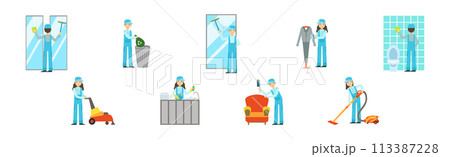 Cleaning Service with Professional Man and Woman Worker Character Vector Set 113387228
