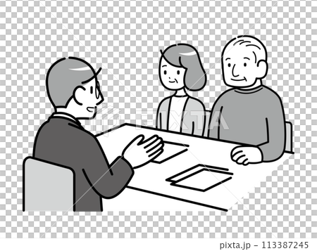 一對年長夫婦接受商人解釋的單色插圖 113387245