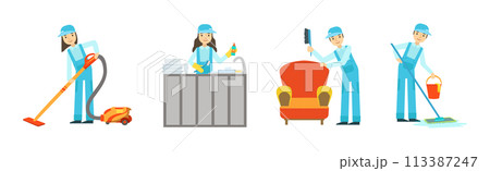 Cleaning Service with Professional Man and Woman Worker Character Vector Set 113387247