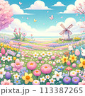 風車と春のお花畑 113387265