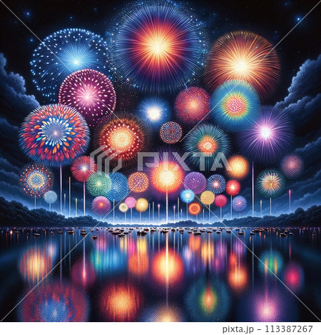 水面に映る鮮やかな花火 113387267