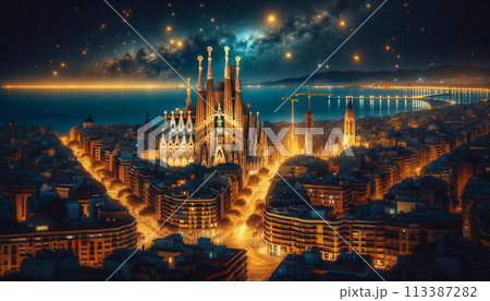 サグラダファミリアから見える夜景スペインバルセロナ 113387282