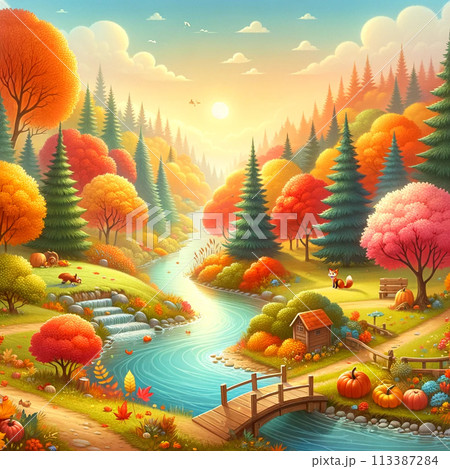カラフルな秋の風景紅葉と小川 113387284