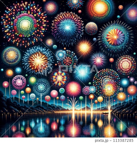 夏の夜空を彩るカラフル花火 113387285