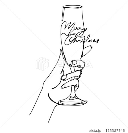 One Line Glass in Hand Merry Christmas Lettering Continuous Line Drawing One Line Glass in Hand Merry Christmas Lettering Continuous Line Drawing 113387346