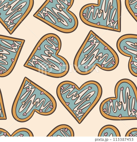Valentine's Day Love Heart Vintage Retro Cookie Seamless Pattern 113387453