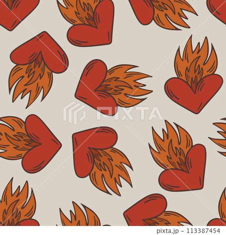 Heart with Fire Vintage Retro Seamless Pattern 113387454