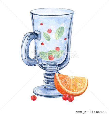 Glass cup water cranberry watercolor drawing. Vitamin orange slice lingonberry leaf. Bubbles full transparent on leg. Drink red fruit compote aquarelle isolated white background. Clear handle beverage 113387650