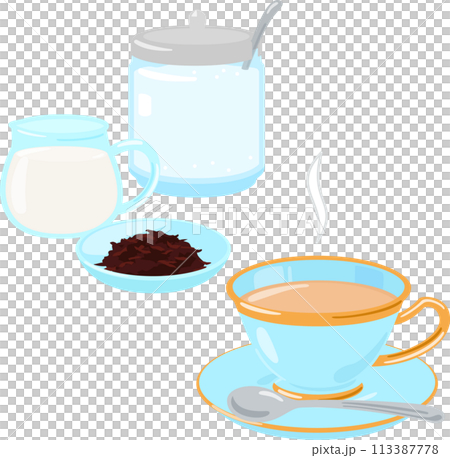 Milk tea ingredients: tea leaves, milk, sugar Milk tea ingredients: tea leaves, milk, sugar 113387778