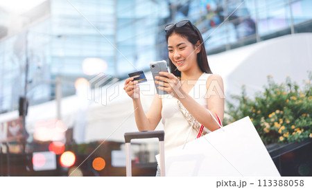 Elegant asian woman using electronic mobile banking app and credit card at outdoors 113388058