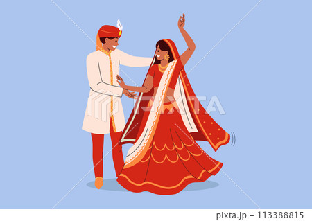 Indian couple dances wedding dance in national clothes, performing traditional rite of hindi culture Indian couple dances wedding dance in national clothes, performing traditional rite of hindi culture 113388815