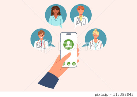 Doctors around phone in patient hand, for concept calling medical personnel at home, for first aid 113388843