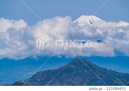 【静岡県】沼津アルプス・新緑の山中に点在する桜と雲間の現れた富士山 【静岡県】沼津アルプス・新緑の山中に点在する桜と雲間の現れた富士山 113389431