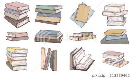 Books hand drawn illustrations set. Sketch art of books with empty pages isolated on white background. Art pencil style drawing. 113389466
