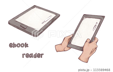 EBook in hands hand drawn illustrations set. Sketch art of electronic reading device isolated on white background. Art pencil style drawing. 113389468