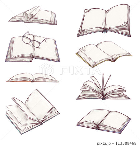 Books open hand drawn illustrations set. Sketch art of books with empty pages isolated on white background. Art pencil style drawing. Books open hand drawn illustrations set. Sketch art of books with empty pages isolated on white background. Art pencil style drawing. 113389469