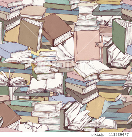 Books hand drawn illustrations seamless pattern. Sketch art of various books of different shapes in different angles. Art pencil style background. 113389477